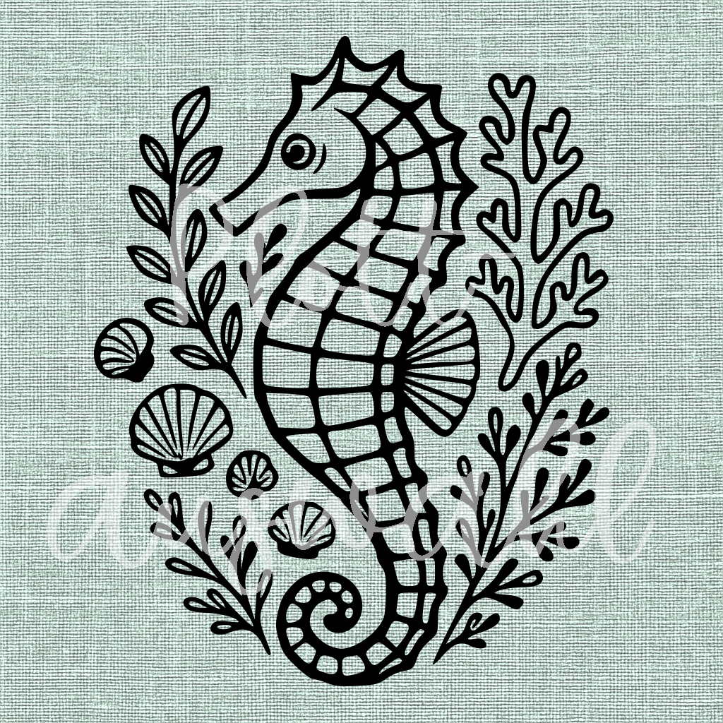 Plott-Motiv | Seepferdchen mit Muscheln und Korallen